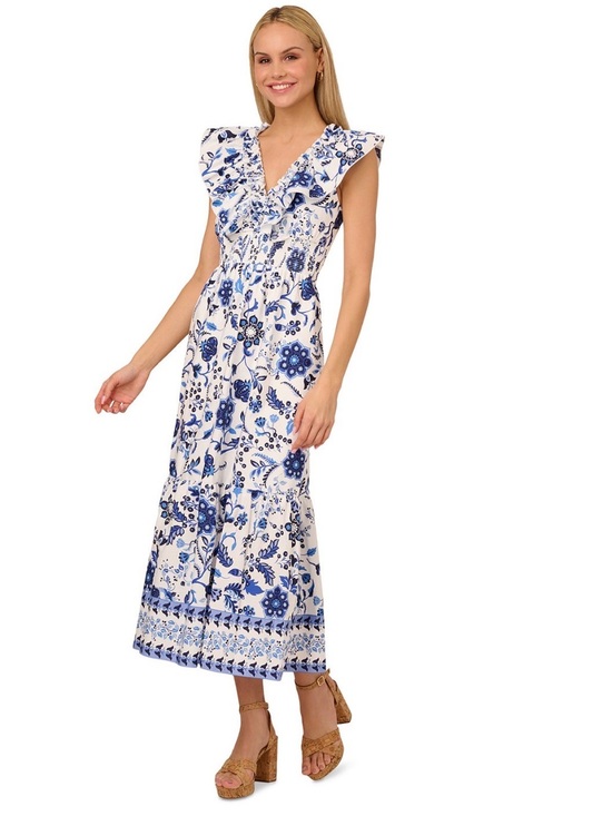 Adrianna Papell Dresses & Skirts - Adrianna Papell Ruffle Midi Dress w/ Blue & White Floral Print, Size 12, NWT